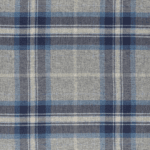 A fabric pattern featuring a classic plaid design with intersecting lines in shades of blue, white, and gray. The symmetrical layout forms squares and rectangles, creating a traditional and orderly appearance.