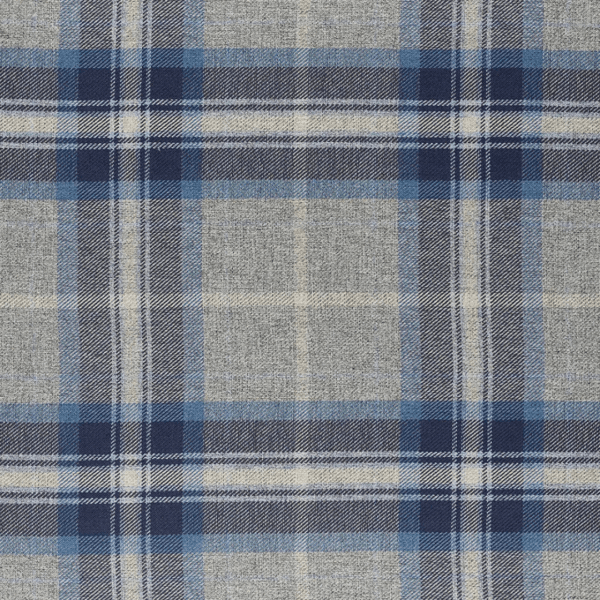 A fabric pattern featuring a classic plaid design with intersecting lines in shades of blue, white, and gray. The symmetrical layout forms squares and rectangles, creating a traditional and orderly appearance.