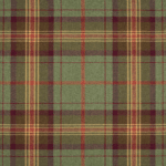A textile pattern featuring a plaid design with intersecting stripes. The colors include muted green, maroon, beige, and red. The fabric has a classic tartan style with a repetitive checkered layout.