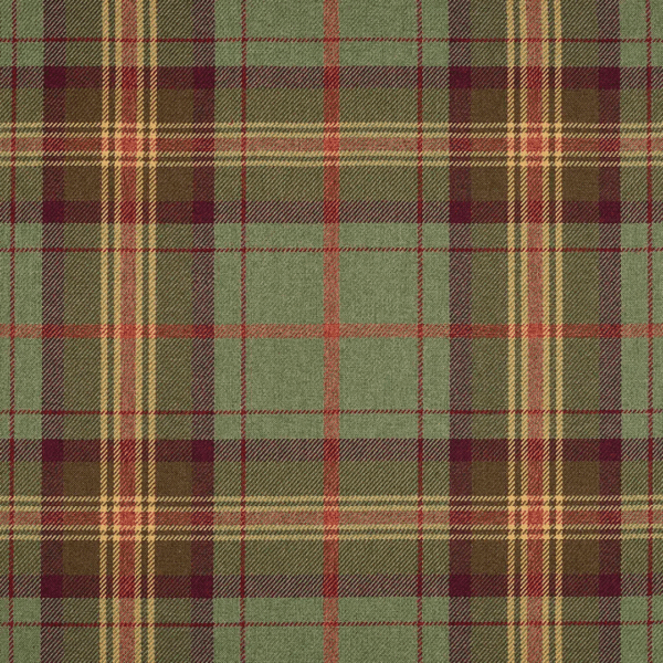 A textile pattern featuring a plaid design with intersecting stripes. The colors include muted green, maroon, beige, and red. The fabric has a classic tartan style with a repetitive checkered layout.