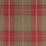 Plaid fabric pattern with intersecting vertical and horizontal lines in red, green, and yellow. The lines create a grid-like design with alternating colors, forming a classic tartan motif.
