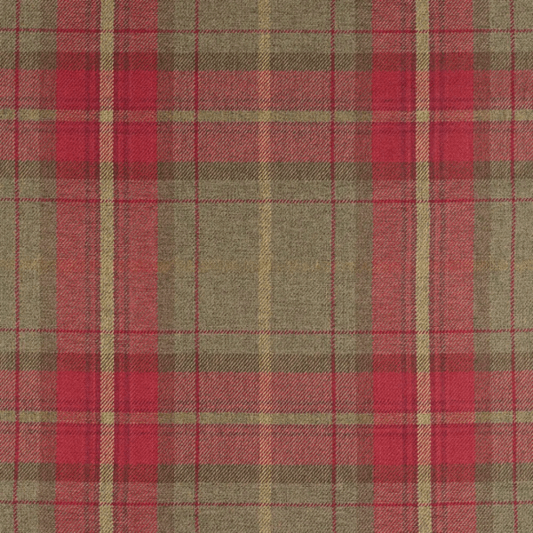 Plaid fabric pattern with intersecting vertical and horizontal lines in red, green, and yellow. The lines create a grid-like design with alternating colors, forming a classic tartan motif.