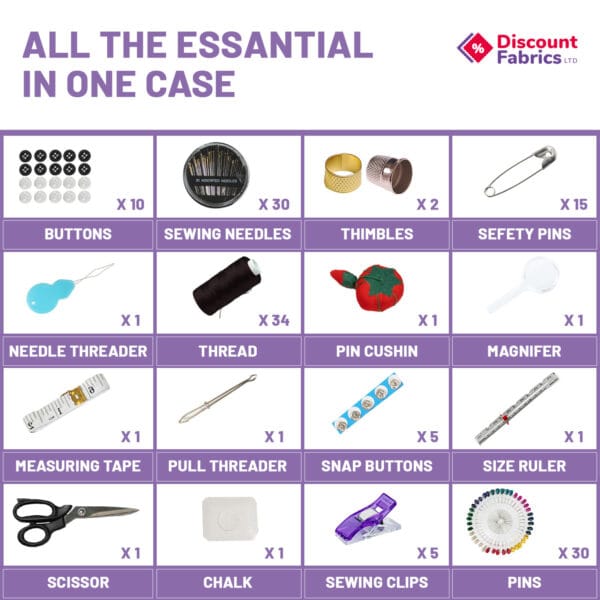 A promotional image for Discount Fabrics Ltd displaying a sewing kit. It includes buttons, needles, thimbles, safety pins, thread, pin cushion, magnifier, measuring tape, pull threader, snap buttons, size ruler, scissors, chalk, sewing clips, and pins.