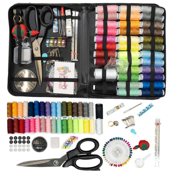 A sewing kit with assorted colorful spools of thread, scissors, needles, measuring tape, thimble, buttons, pins, and a seam ripper neatly arranged. The kit is open, displaying the organized contents.