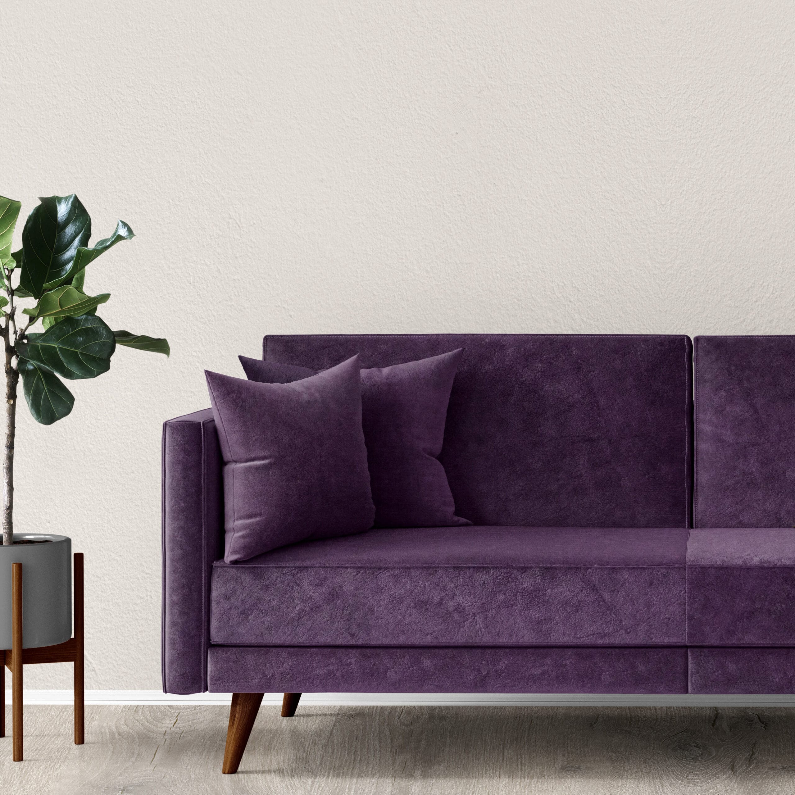 A modern living room with a textured beige wall, featuring a purple velvet sofa with two matching cushions. A tall green plant in a gray pot sits beside the sofa on a light wood floor.