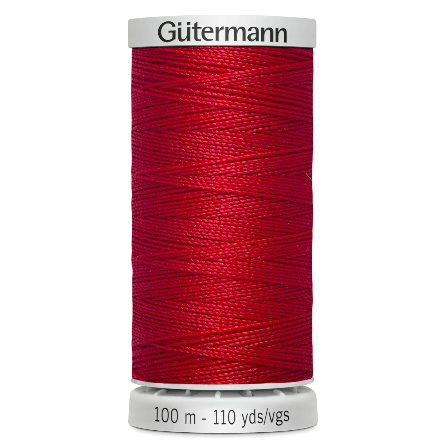 Red spool of Gütermann sewing thread on a white background, labeled "100 m - 110 yds/vgs.