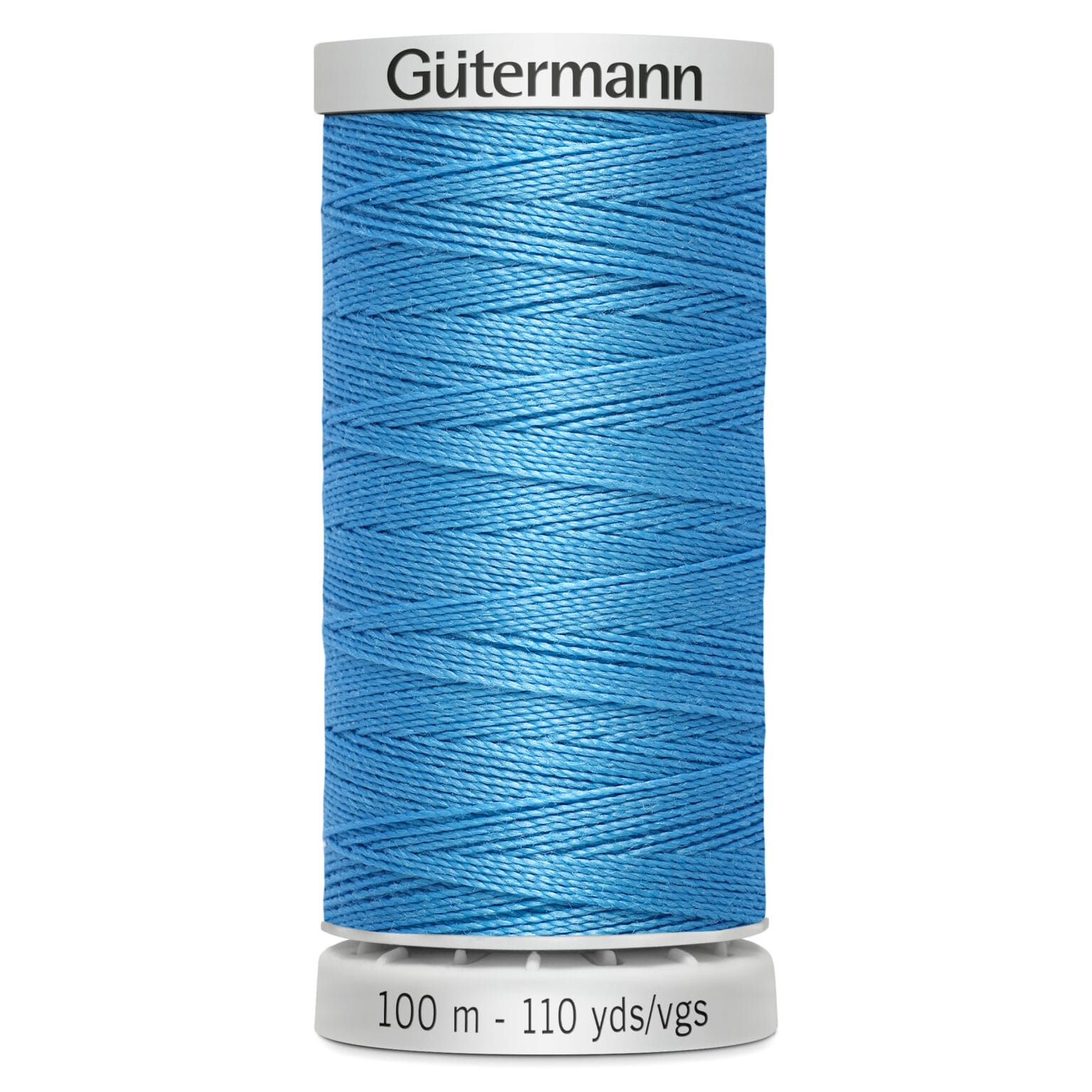 A spool of Gütermann sewing thread in bright blue, showing its tightly wound texture. The spool is labeled with "100 m - 110 yds/vgs" and features a white top and base.