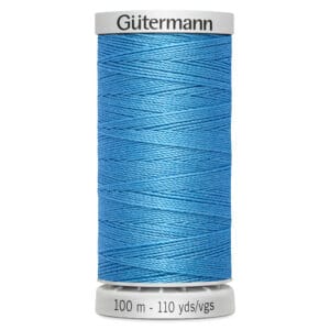 A spool of Gütermann sewing thread in bright blue, showing its tightly wound texture. The spool is labeled with "100 m - 110 yds/vgs" and features a white top and base.