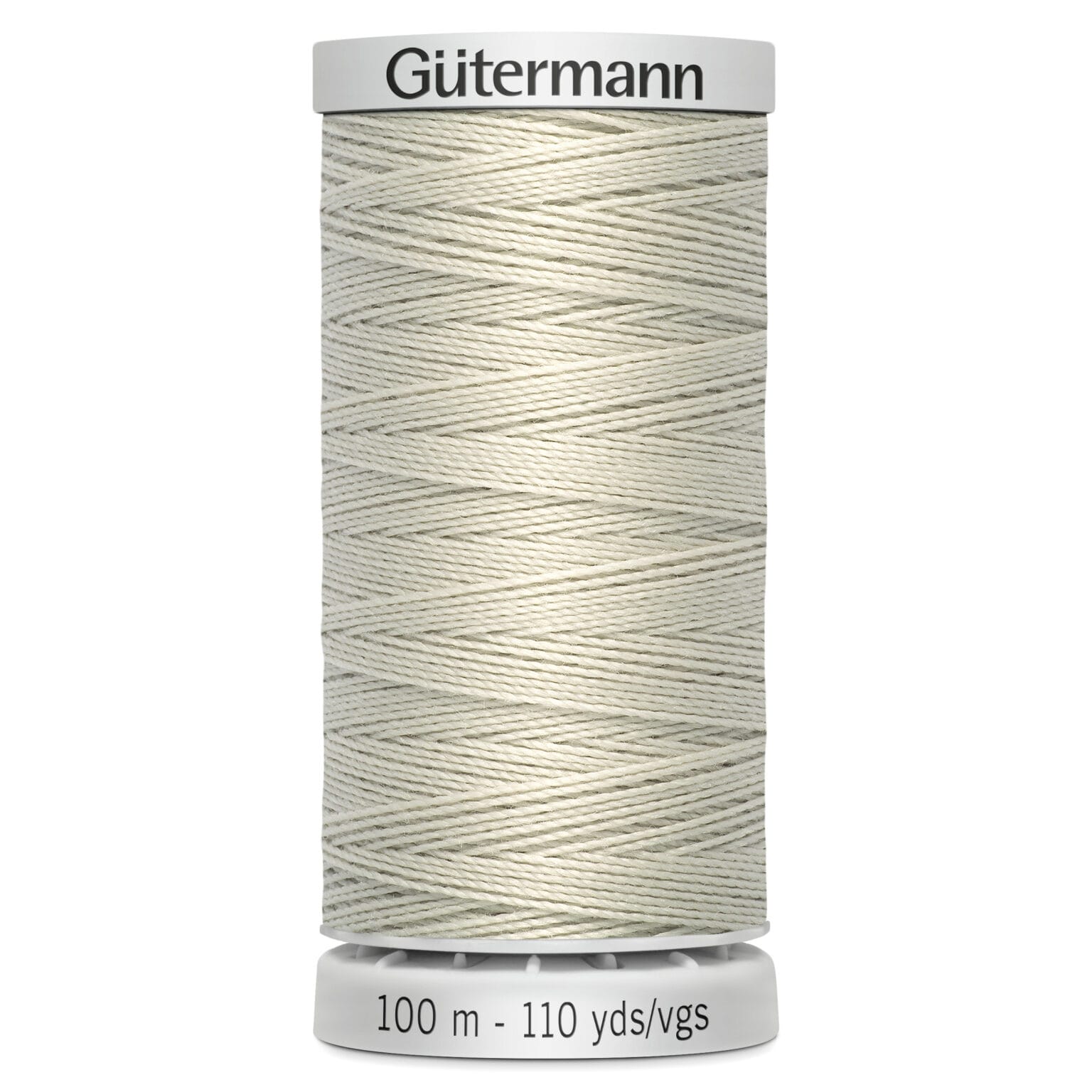 A cream-colored spool of Gütermann thread is displayed upright. The label on the spool indicates it's 100 meters or 110 yards long. The thread is tightly wound, showcasing its smooth texture.