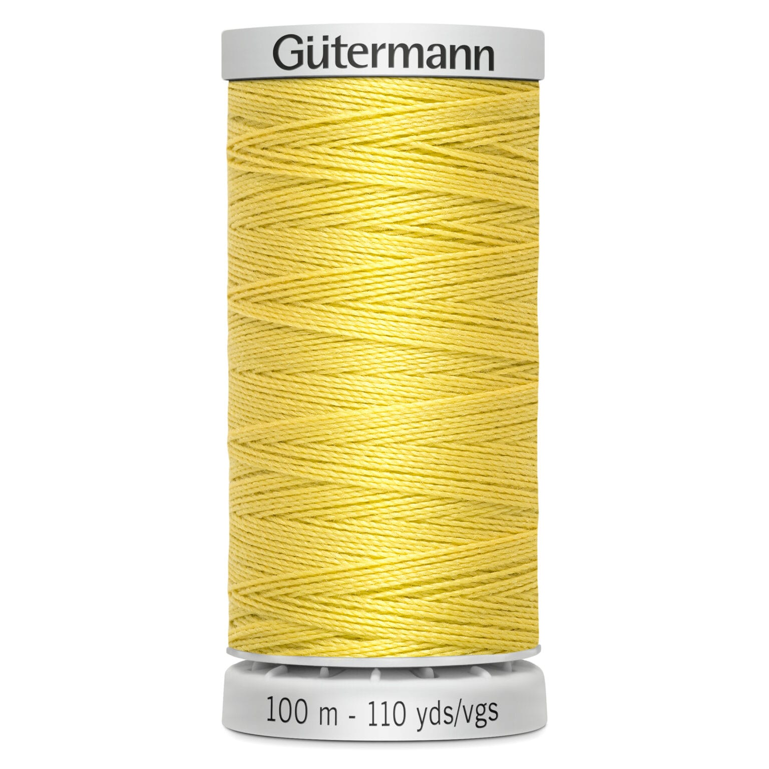 A spool of Gütermann yellow thread, labeled with "100 m - 110 yds/vgs," is vertically positioned against a white background. The thread is tightly wound across the spool.