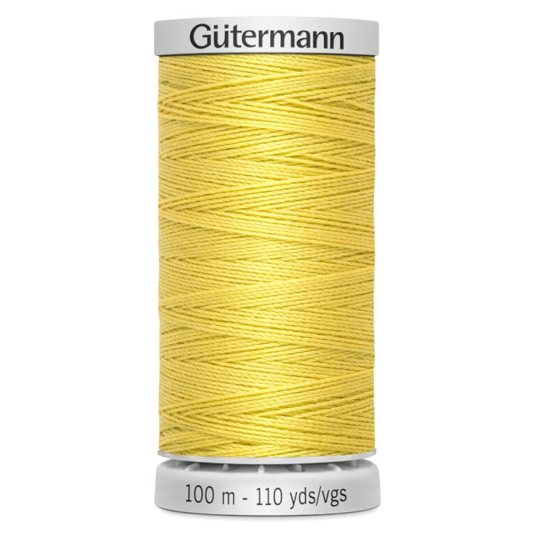 A spool of Gütermann yellow thread, labeled with "100 m - 110 yds/vgs," is vertically positioned against a white background. The thread is tightly wound across the spool.