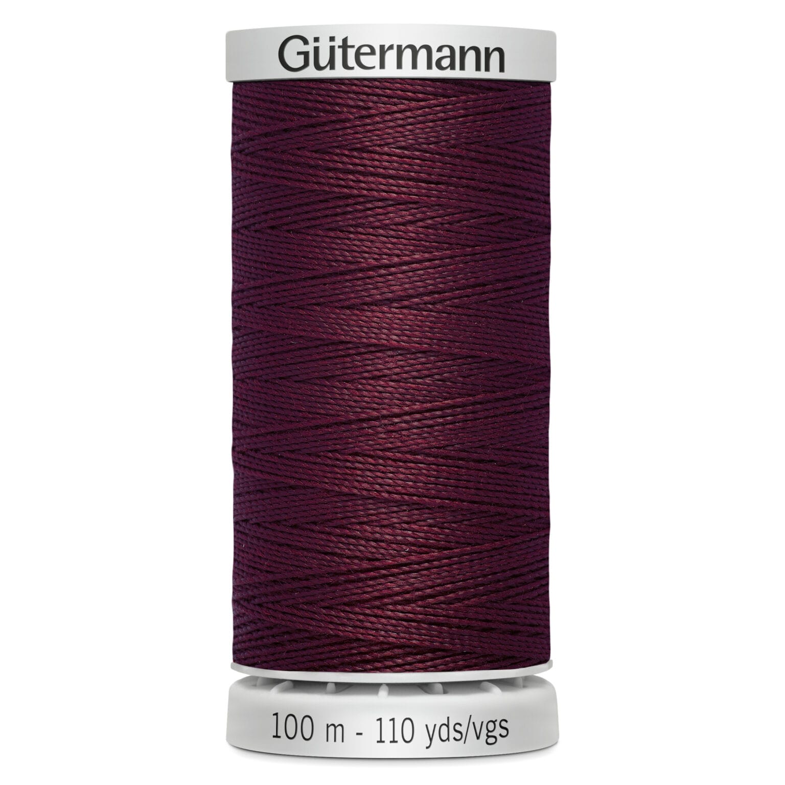 A spool of Gütermann thread in dark burgundy, labeled with "100 m - 110 yds/vgs" at the base.