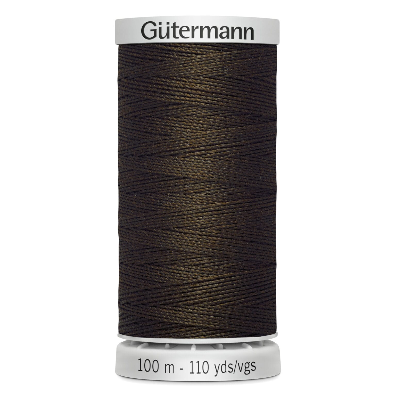 Spool of Gütermann dark brown sewing thread, labeled 100 meters/110 yards, against a white background.