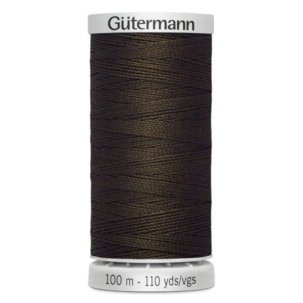 Spool of Gütermann dark brown sewing thread, labeled 100 meters/110 yards, against a white background.