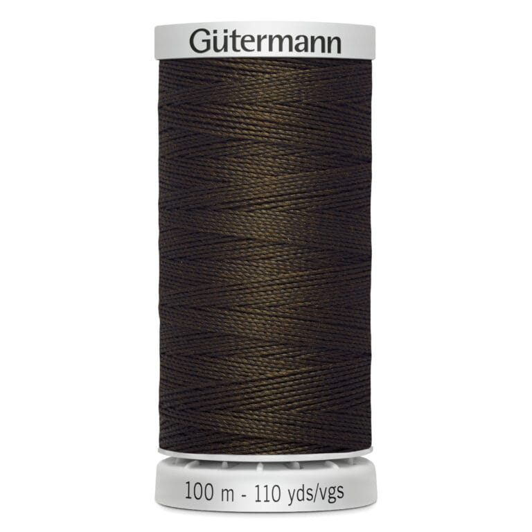Spool of Gütermann dark brown sewing thread, labeled 100 meters/110 yards, against a white background.