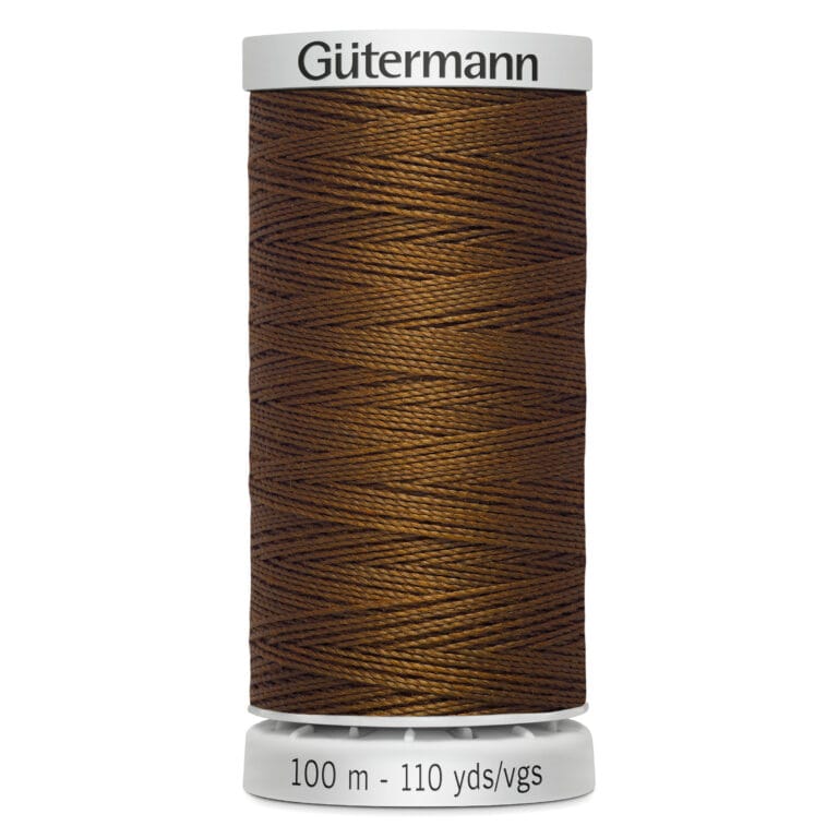 A spool of Gütermann thread in a rich brown color, labeled 100 meters/110 yards. The spool is upright and cylindrical, with the brand name at the top, and the length indication at the bottom.