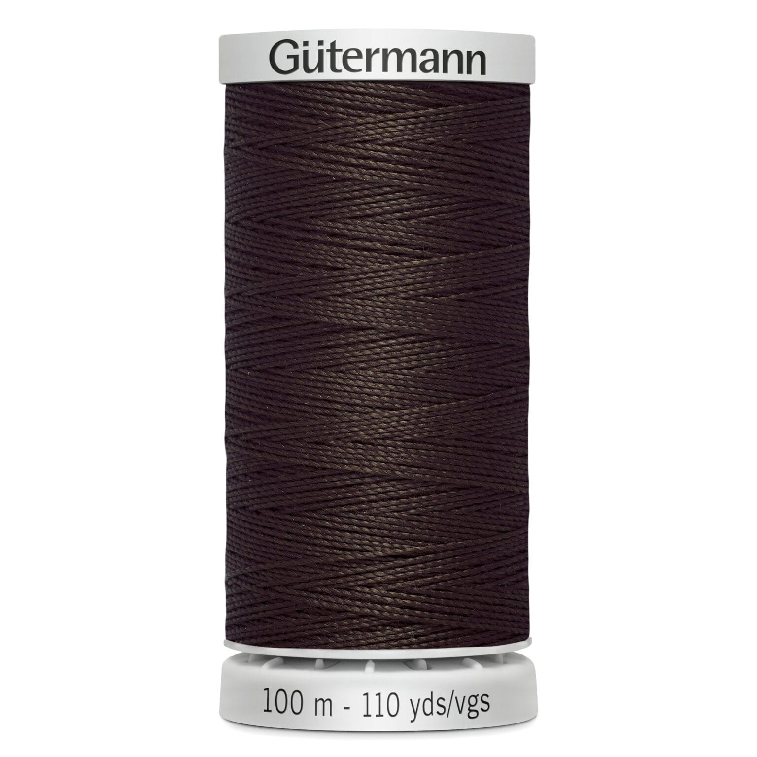 A spool of Gütermann sewing thread, dark brown in color, labeled as 100 meters or 110 yards. The spool has a white top and bottom.
