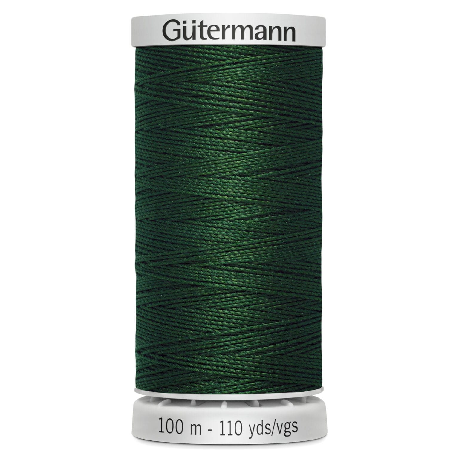 A spool of Gütermann thread, featuring dark green polyester thread. The label indicates a length of 100 meters or 110 yards.