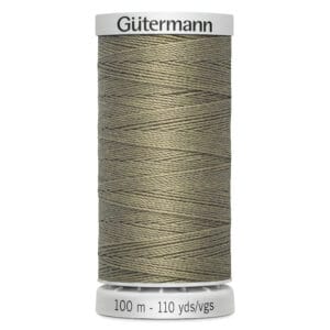 A spool of Gütermann polyester thread in olive green, containing 100 meters or 110 yards of thread. The label is white with black text displaying the brand name and length.