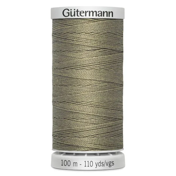 A spool of Gütermann polyester thread in olive green, containing 100 meters or 110 yards of thread. The label is white with black text displaying the brand name and length.