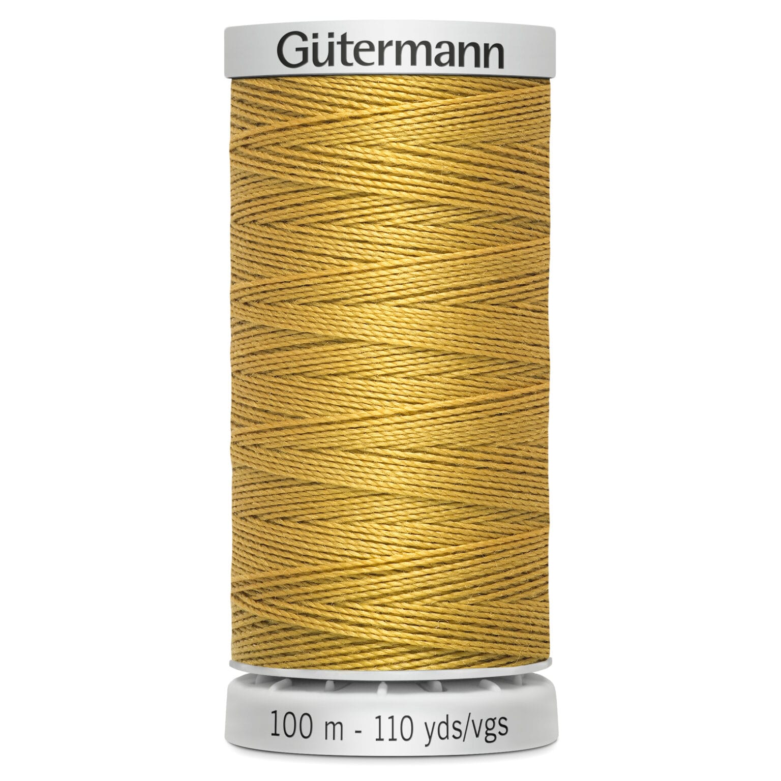 Spool of Gütermann gold sewing thread, 100 meters or 110 yards in length, with thread neatly wound in a crisscross pattern on a cylindrical holder.