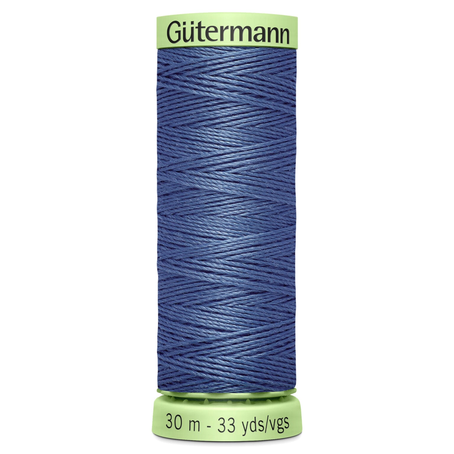 Spool of Gütermann blue sewing thread with a green label on top and bottom, indicating 30 meters or 33 yards.
