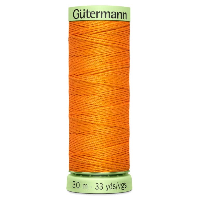 A spool of Gütermann thread in vibrant orange. The spool is labeled with "Gütermann" at the top and "30 m - 33 yds/vgs" at the bottom. The thread is neatly wound around the spool.