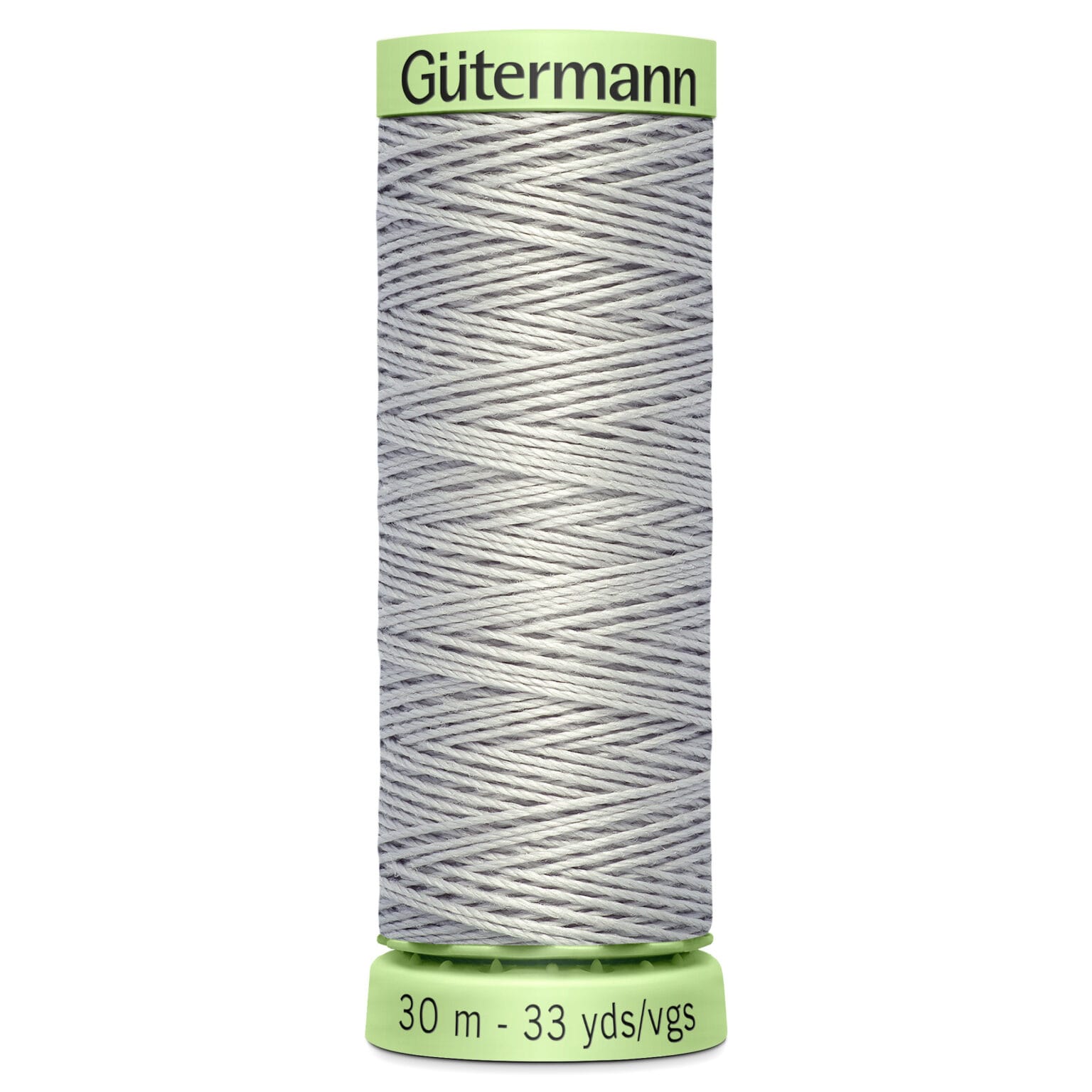 A spool of Gütermann thread in light gray, with a green top and bottom. The label shows "30 m - 33 yds/vgs" indicating the length of the thread.