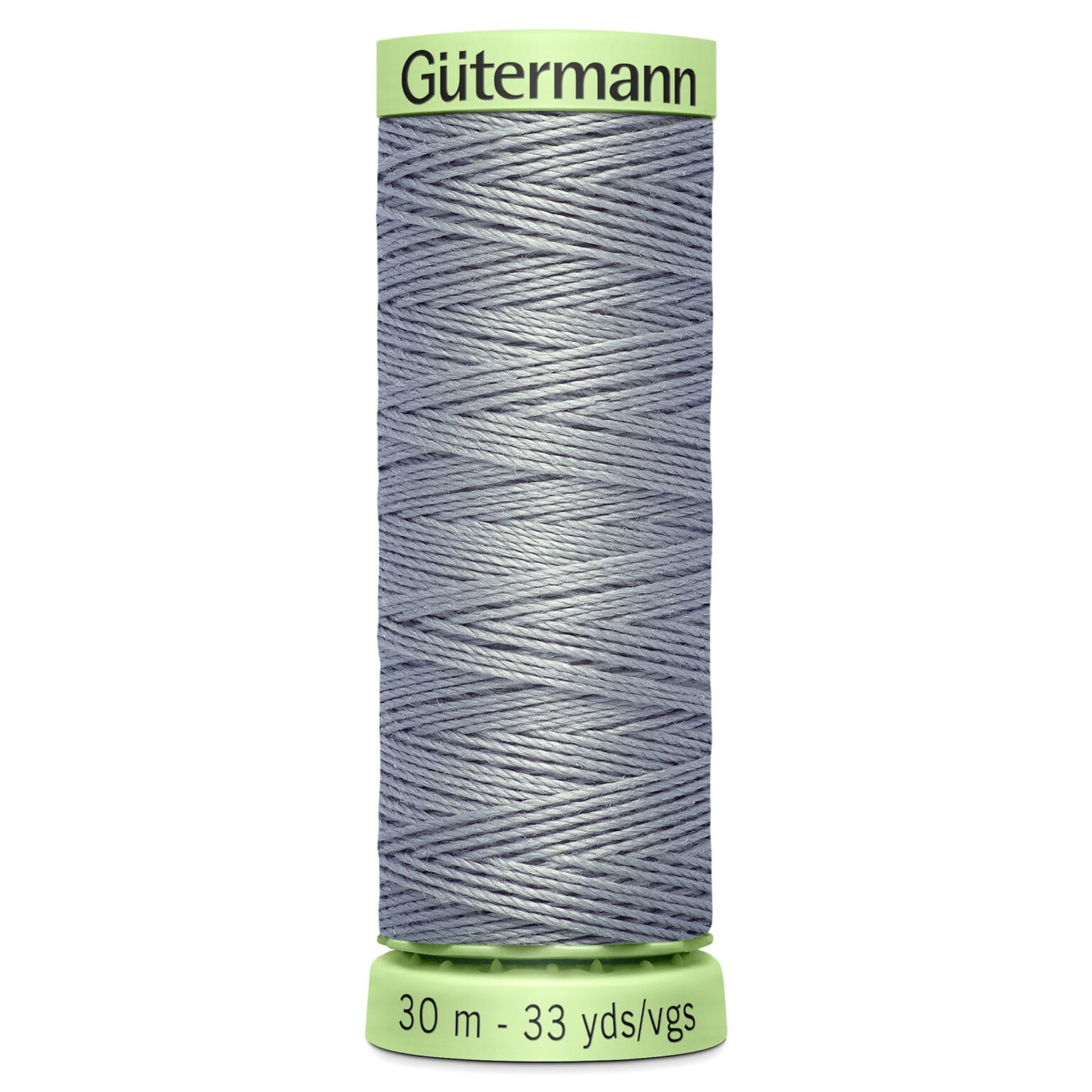 A spool of Gütermann thread in grey, featuring 30 meters or 33 yards of thread. The spool is predominantly grey with light green ends, displaying the brand name at the top and length information at the bottom.