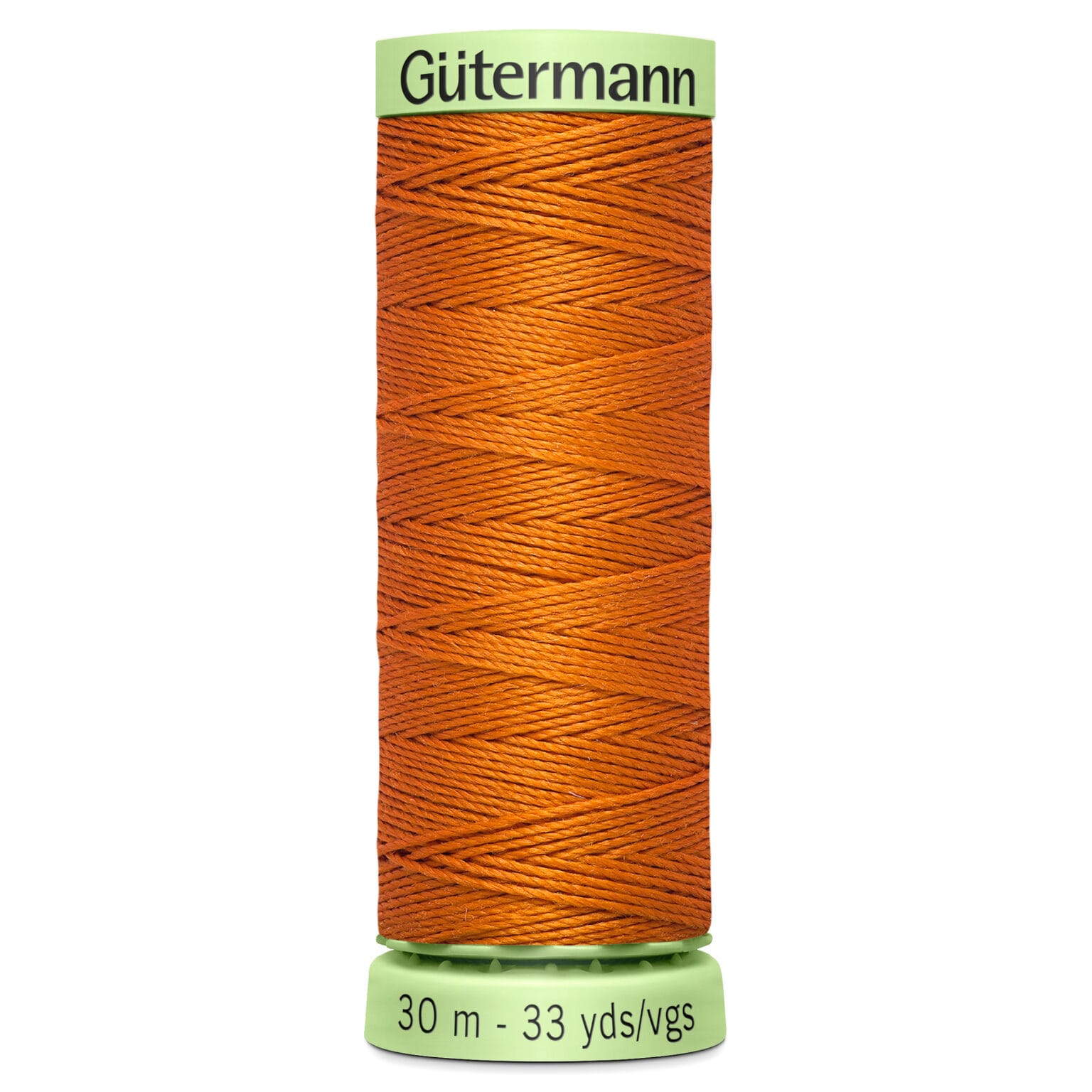 A spool of Gütermann thread in bright orange. The label displays "30 m - 33 yds/vgs" at the bottom, indicating the length of the thread.