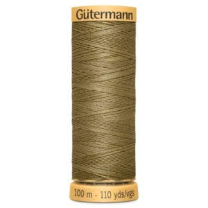 A spool of Gütermann sewing thread in olive green, labeled with "Gütermann" at the top and "100 m - 110 yds/vgs" at the bottom. The thread is neatly wound, and the spool has a yellow base.
