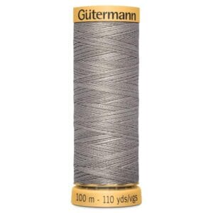 Spool of Gütermann polyester thread, 100 meters (110 yards), in grey. The spool has a yellow base and top.