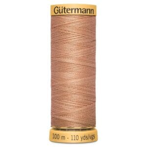 A spool of Gütermann sewing thread in a light brown color. The spool is labeled with "100 m - 110 yds/vgs" at the bottom.