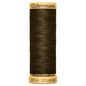 A spool of Gütermann sewing thread in dark brown is upright against a white background. The label indicates 100 meters or 110 yards of thread.