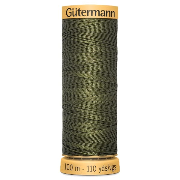 Spool of Gütermann sewing thread in olive green color, wrapped neatly around a cylindrical spool. The label on top and bottom displays the brand name and measures: 100 meters, 110 yards.