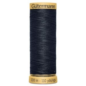 A spool of Gütermann thread, dark blue in color, wrapped neatly around a yellow cylindrical holder. The holder has "Gütermann" written on the top and "100 m - 110 yds/vgs" on the bottom.