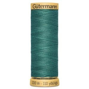 A spool of Gütermann sewing thread, 100 meters (110 yards) long, shown in a rich teal color. The spool features a yellow top and base, with brand and measurements labeled.