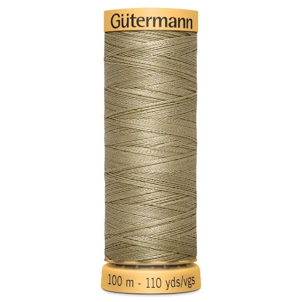 A spool of Gütermann sewing thread in a light olive color, labeled with a length of 100 meters and 110 yards. The top and bottom of the spool are mustard yellow with the brand name at the top.