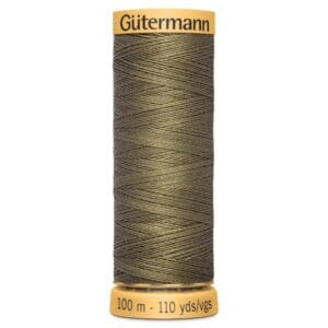 A spool of Gütermann thread, featuring a metallic olive green color. The label indicates it has a length of 100 meters or 110 yards.