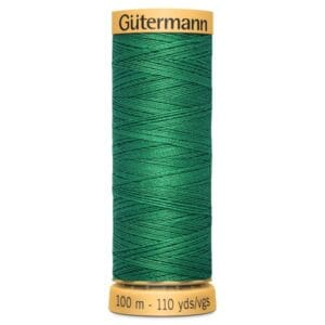 Spool of Gütermann sewing thread in rich green color, labeled with "100 m - 110 yds" on the bottom.