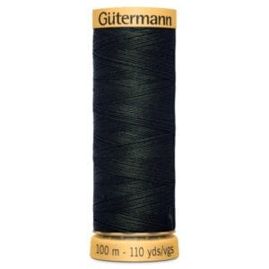 A spool of Gutermann black thread with a yellow cap and base, labeled 100 meters or 110 yards. The thread is neatly wound around the spool, displaying a glossy texture.