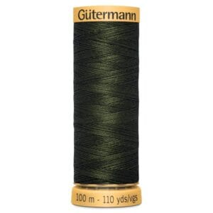 Spool of Gütermann dark green sewing thread, with a yellow cap and base. The label indicates 100 meters or 110 yards of thread.
