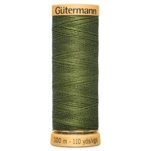 A spool of Gütermann sewing thread in olive green. The spool has labels indicating it contains 100 meters or 110 yards of thread.
