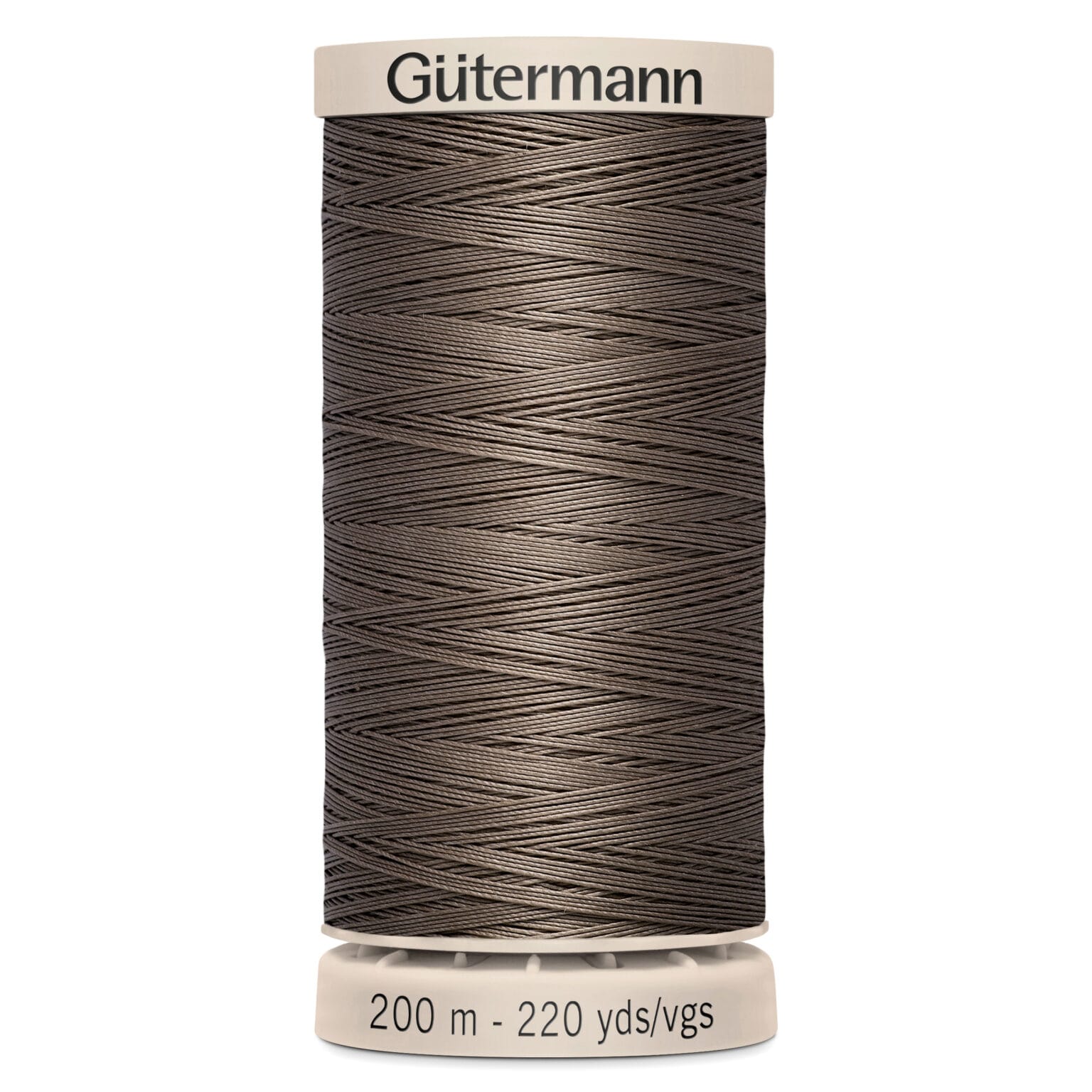 A spool of Gütermann thread in a dark brown color. The label indicates it contains 200 meters (220 yards) of thread. The spool is cylindrical with a beige cap and base.