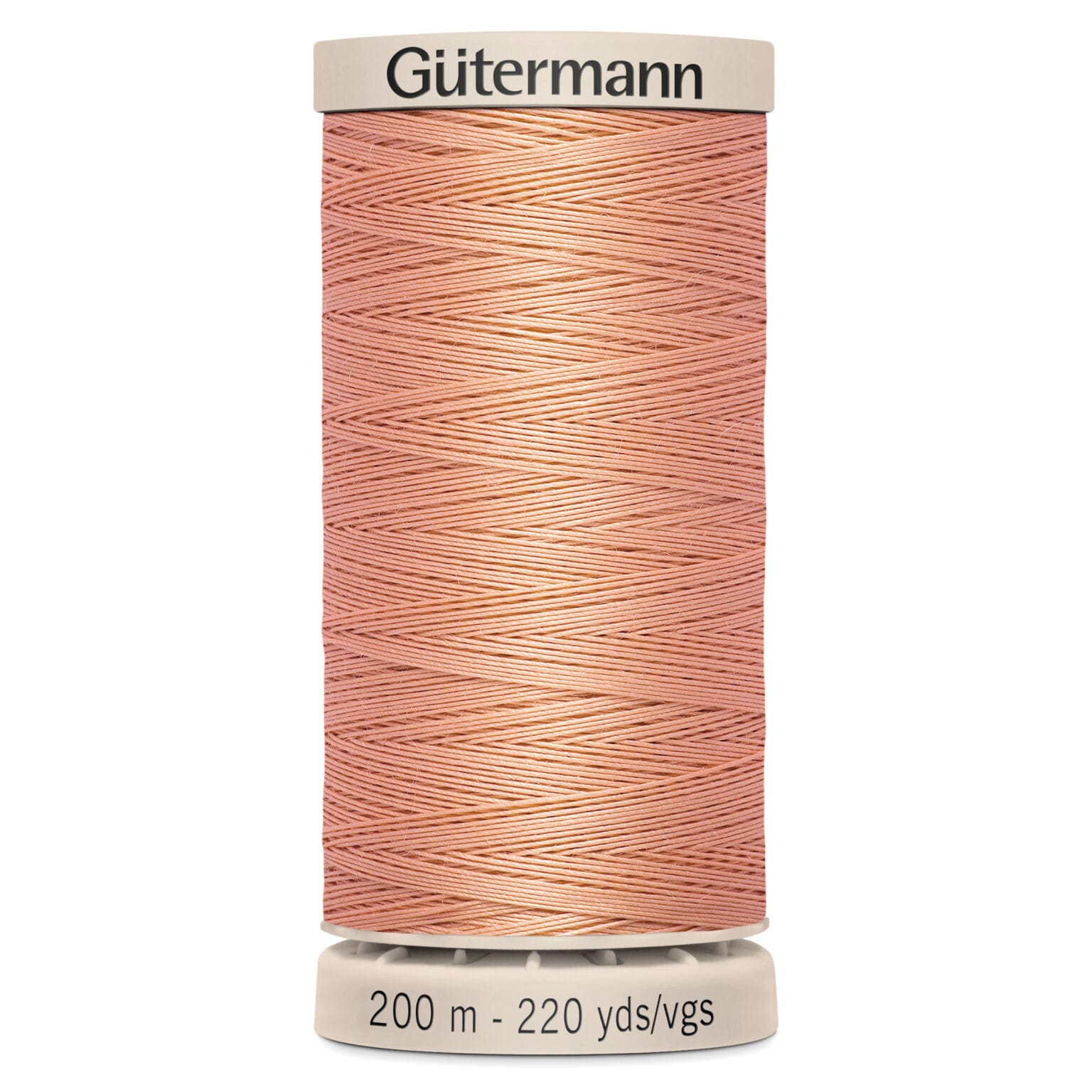 A spool of Gütermann thread in coral pink, labeled with "200 m - 220 yds/vgs" at the base. The thread is wound neatly around the spool.