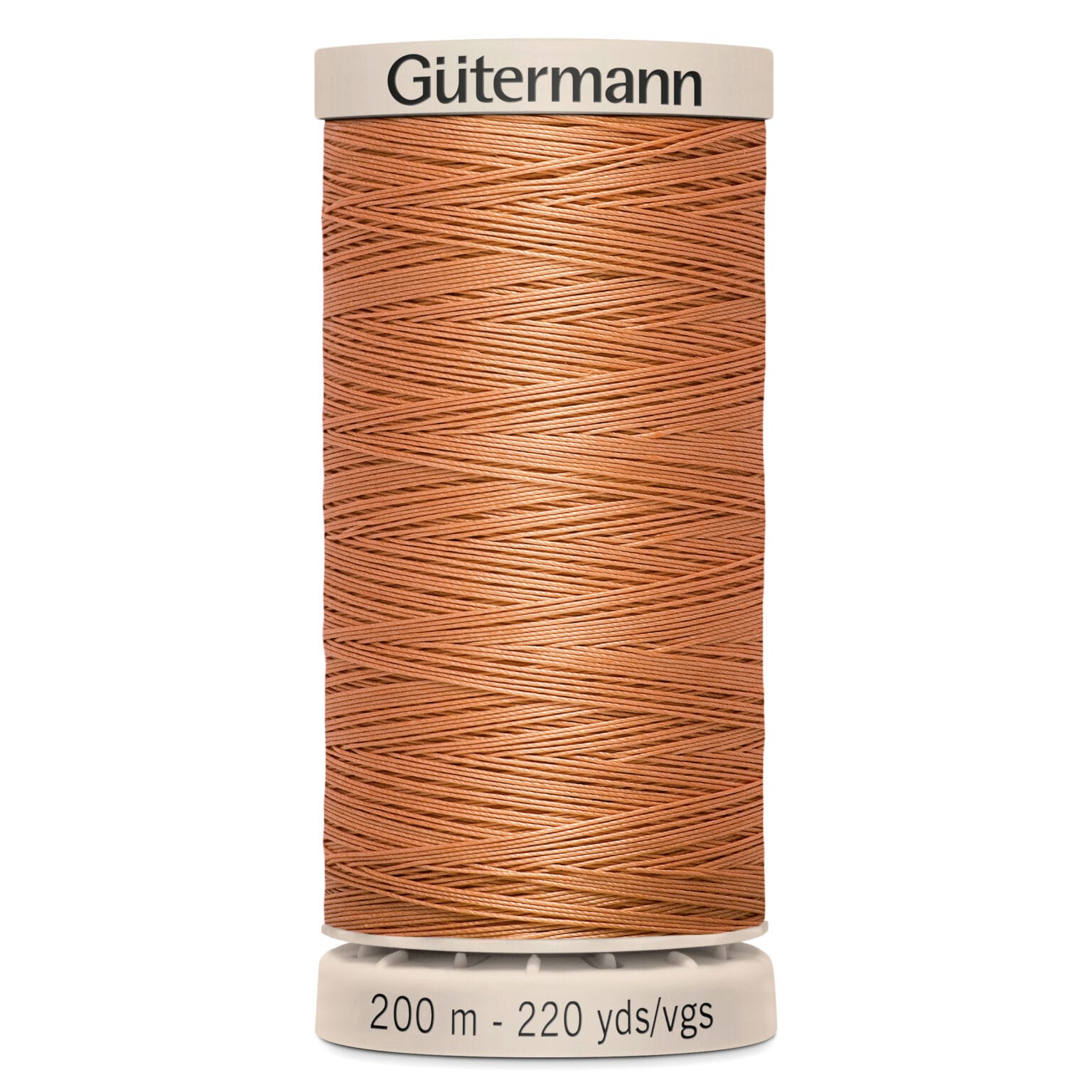 A spool of Gütermann sewing thread in a rich copper color, labeled with 200 meters or 220 yards. The spool has a cream-colored top and bottom.