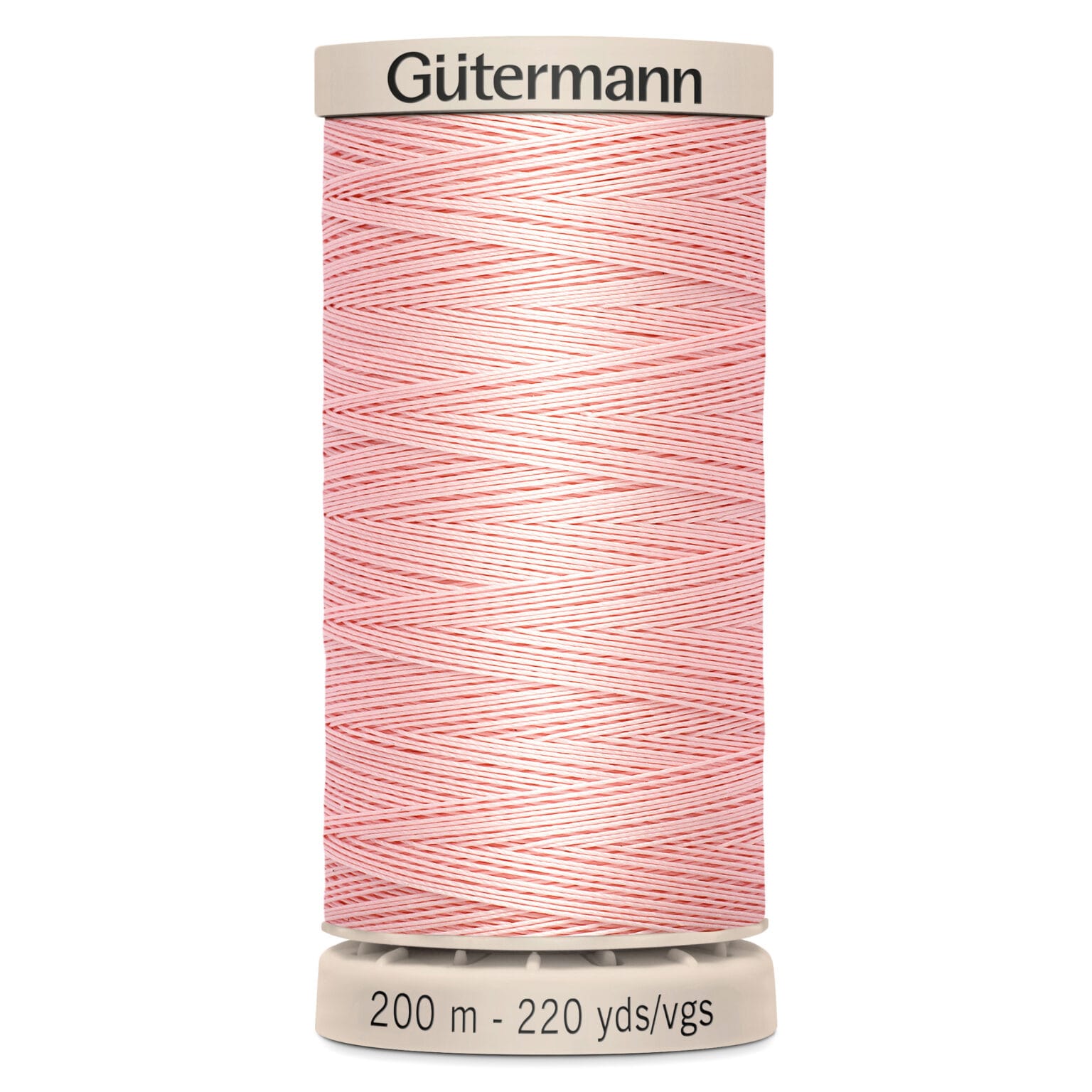 A spool of Gütermann thread in light pink with white stripes. The spool displays "200 m - 220 yds/vgs" on the base.