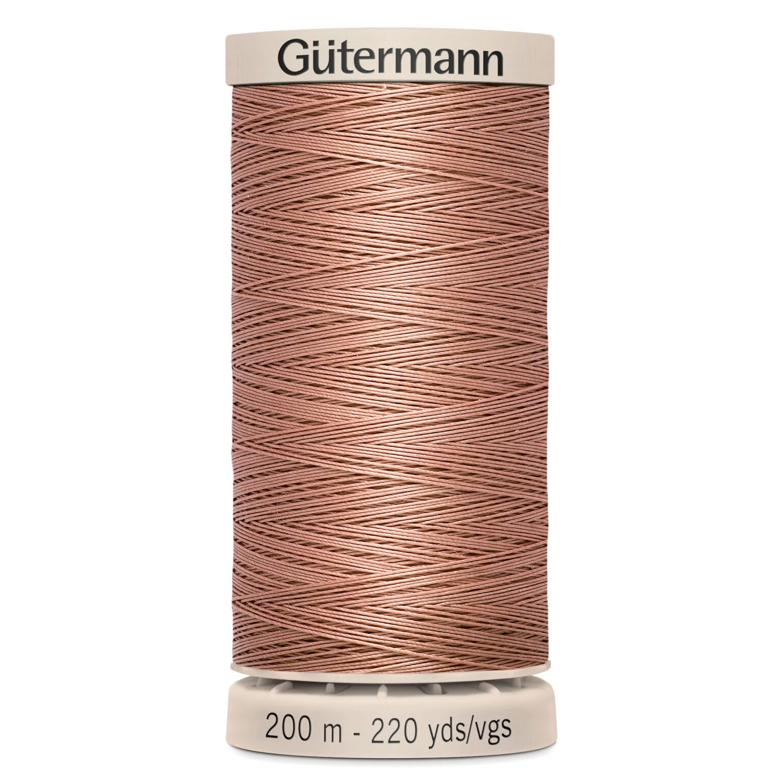 A spool of Gütermann sewing thread with a tan color. The top and bottom are labeled, indicating 200 meters and 220 yards of thread.