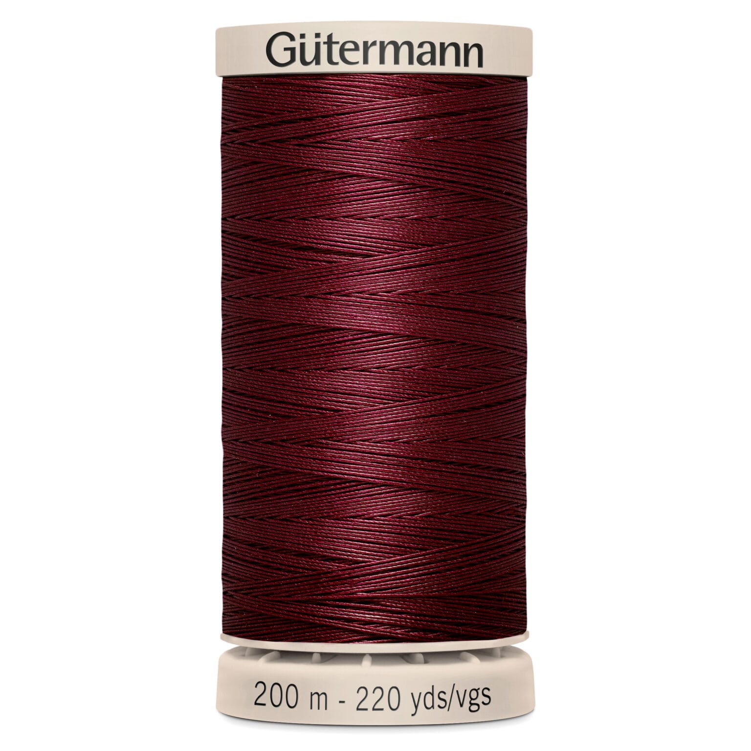 A spool of Gütermann thread in deep red. The label reads "200 m - 220 yds/vgs.