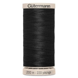 Black spool of Gütermann sewing thread, 200 meters (220 yards).